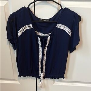 Lulus Dark Blue Blouse with White Crochet Detail